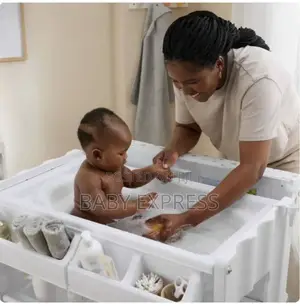 Multi-Purpose Baby Standing Bath Tub With Changing Pad Storage Rack