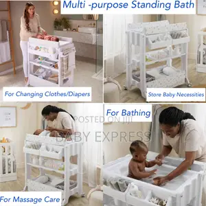 Multi-Purpose Baby Standing Bath Tub With Changing Pad Storage Rack