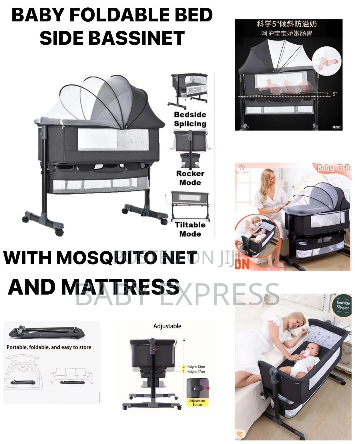 Premium 3-in-1 Baby Foldable Bed Bedside Bassinet With Mattress