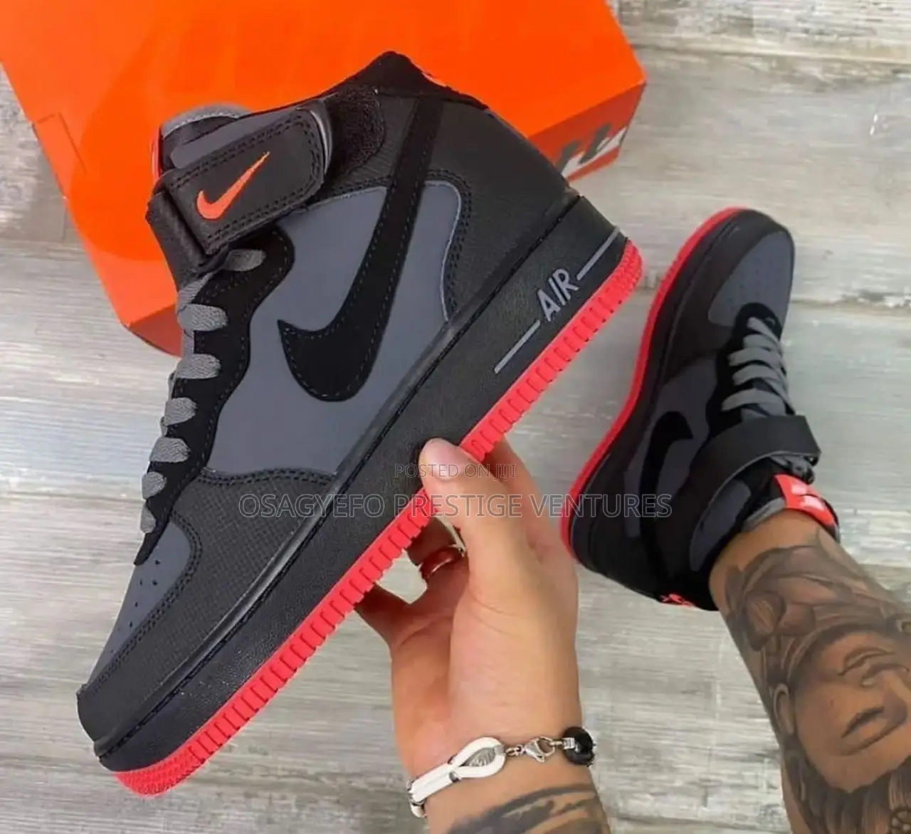 Black/Red Nike Mid-Top Af1 With Ankle Strap