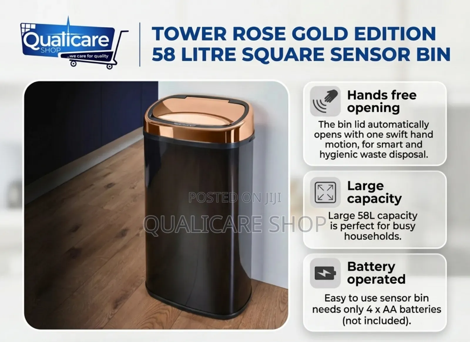 Tower Rose Gold Edition 58 Litre Square Sensor Bin