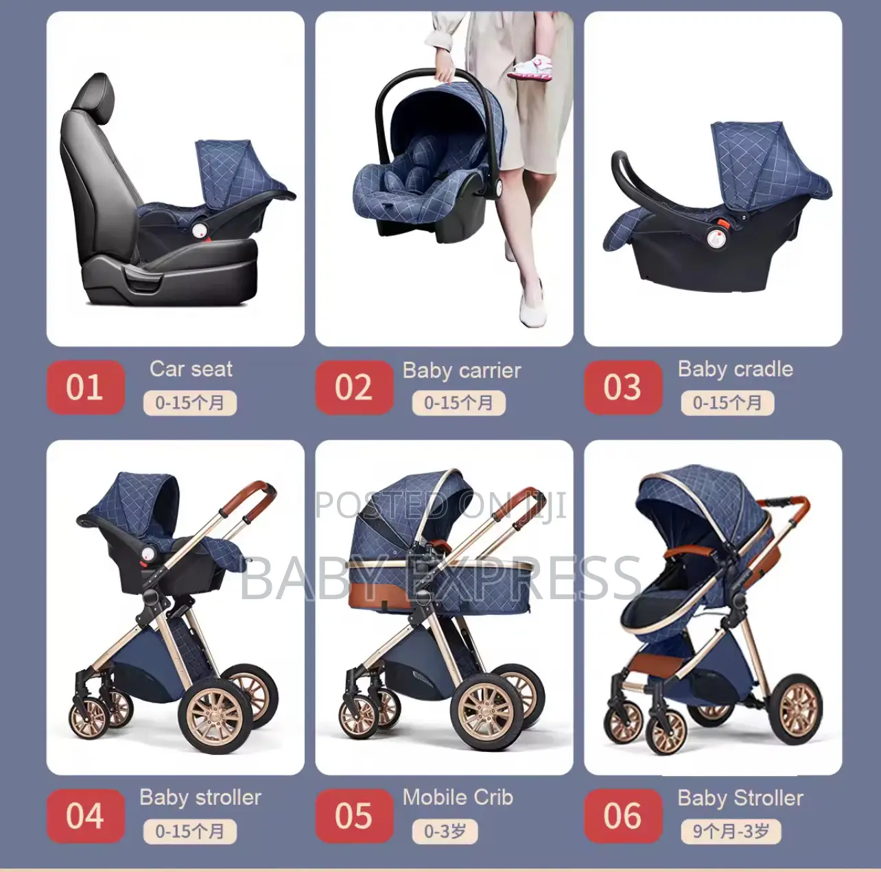 Luxury 3-in-1 Baby Travel Stroller, Car Seat, Carry Cot Diaper Bag