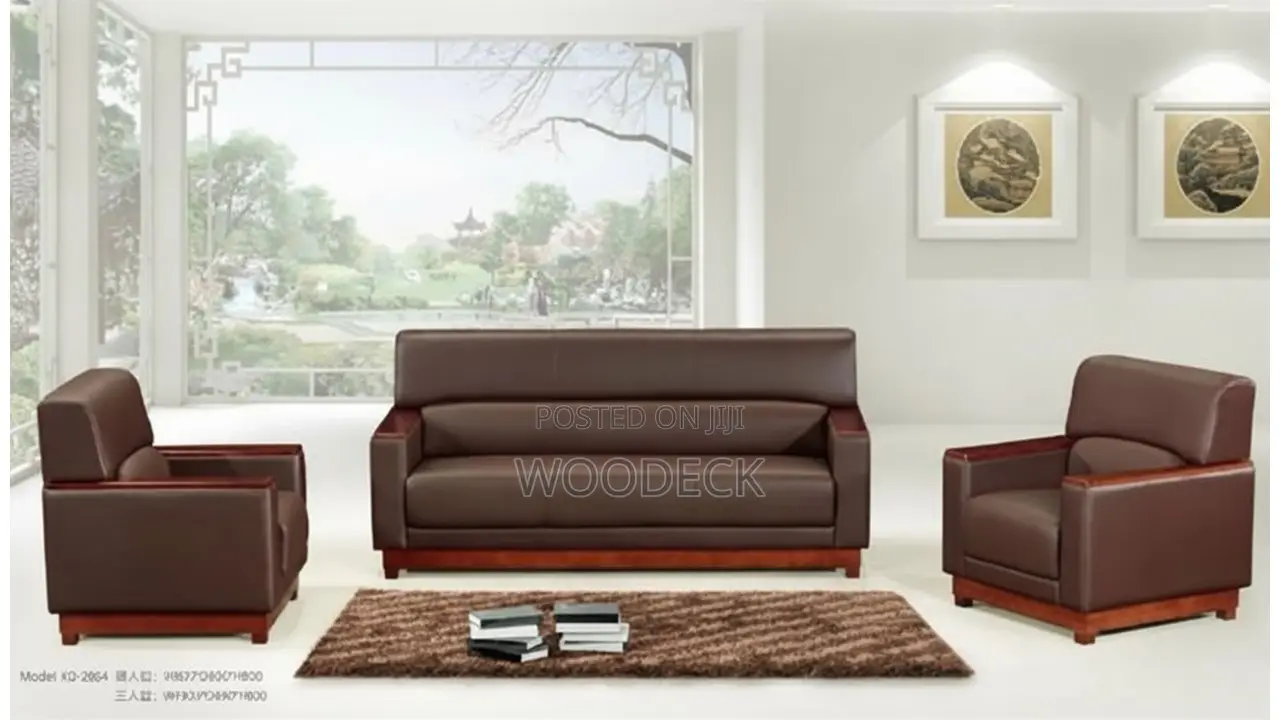 3+1+1 Brown Leather Sofa Set With Wooden Frame
