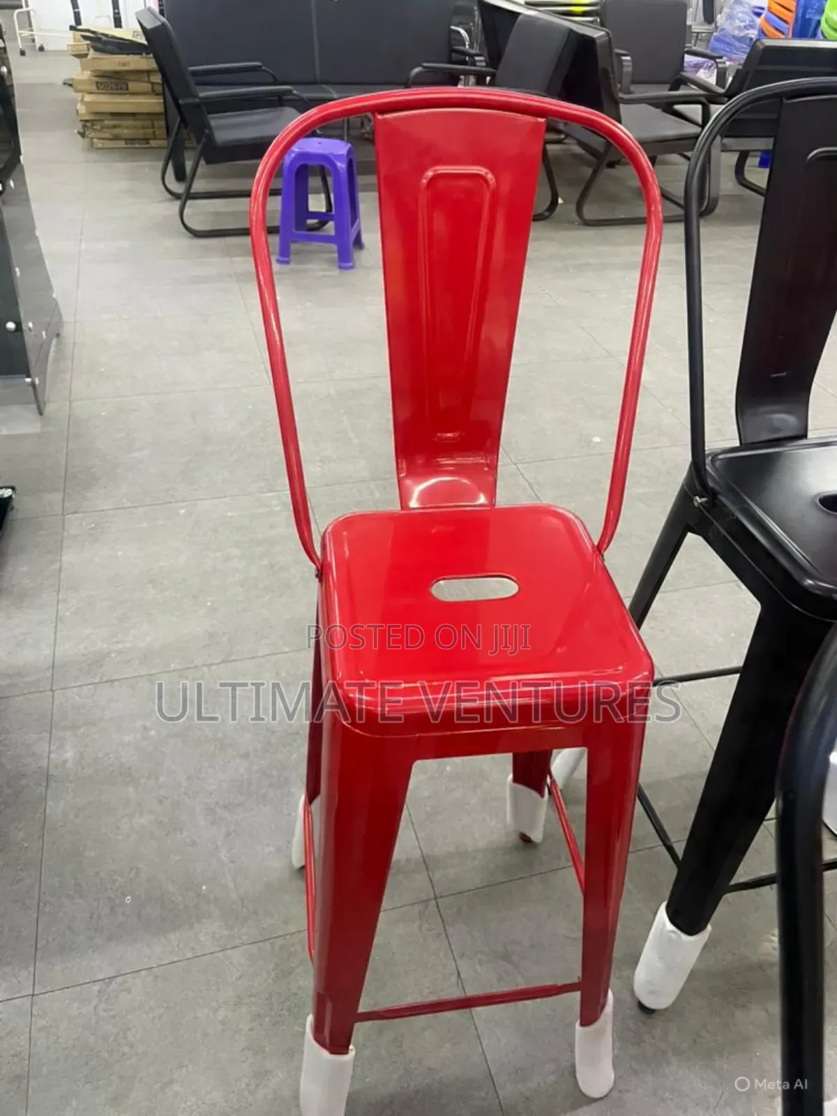 Gloss Red Metal Bar Stool / Industrial High-Back