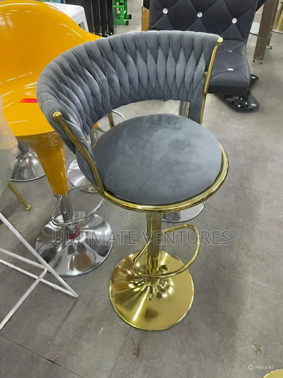 Grey Velvet Gold Base Bar Stool .Luxury Swivel