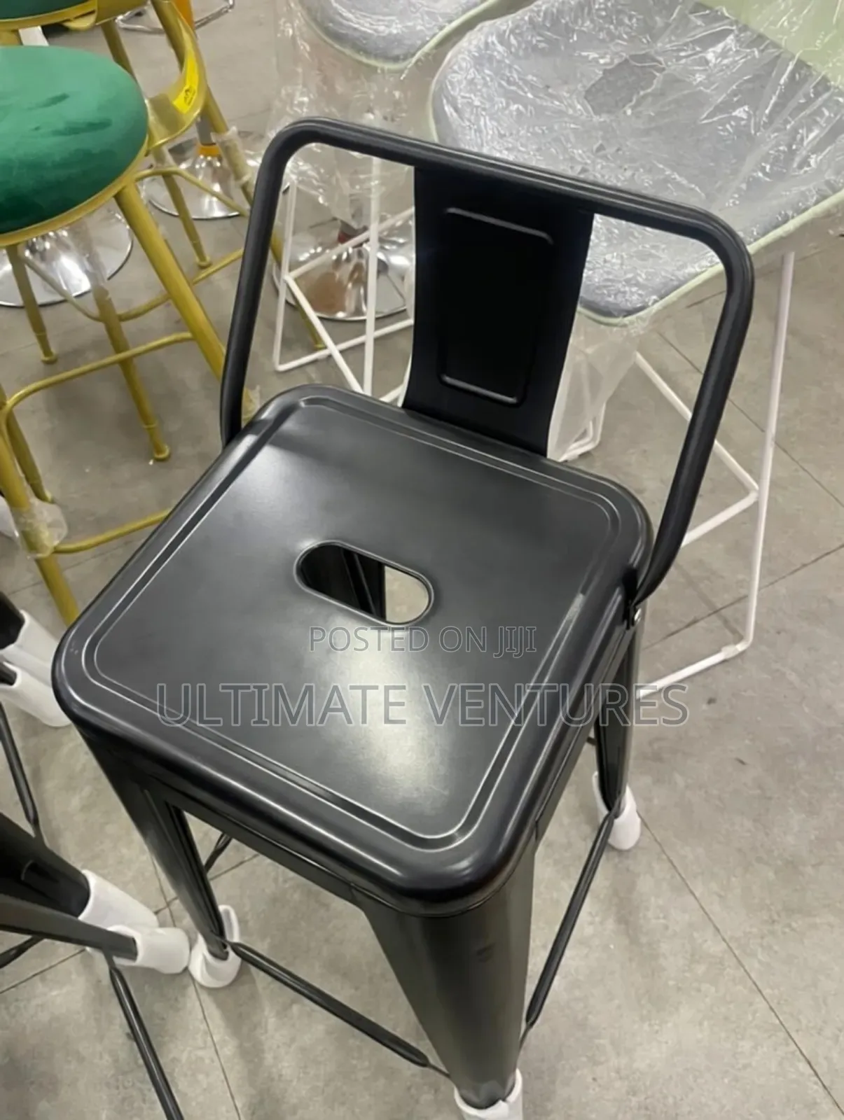 Black Industrial Metal Bar Stool With Backrest