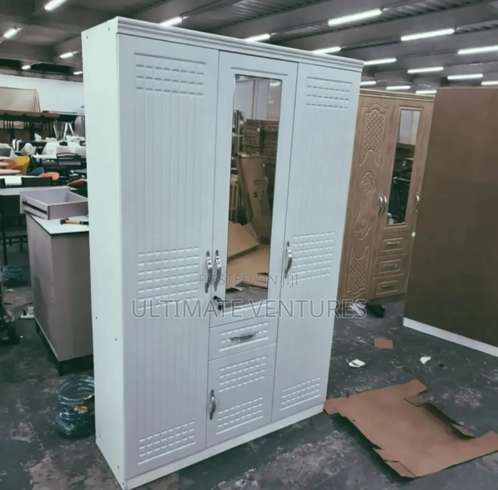 White 3-Door Wardrobe With Mirror Drawer