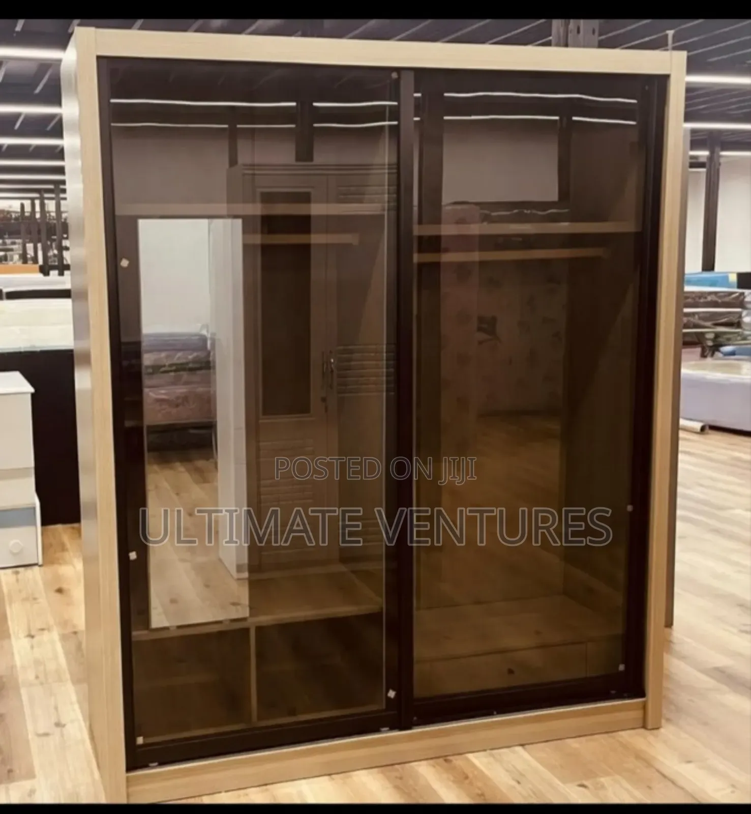 Modern Light Wood Sliding Door Wardrobe With Open Shelves