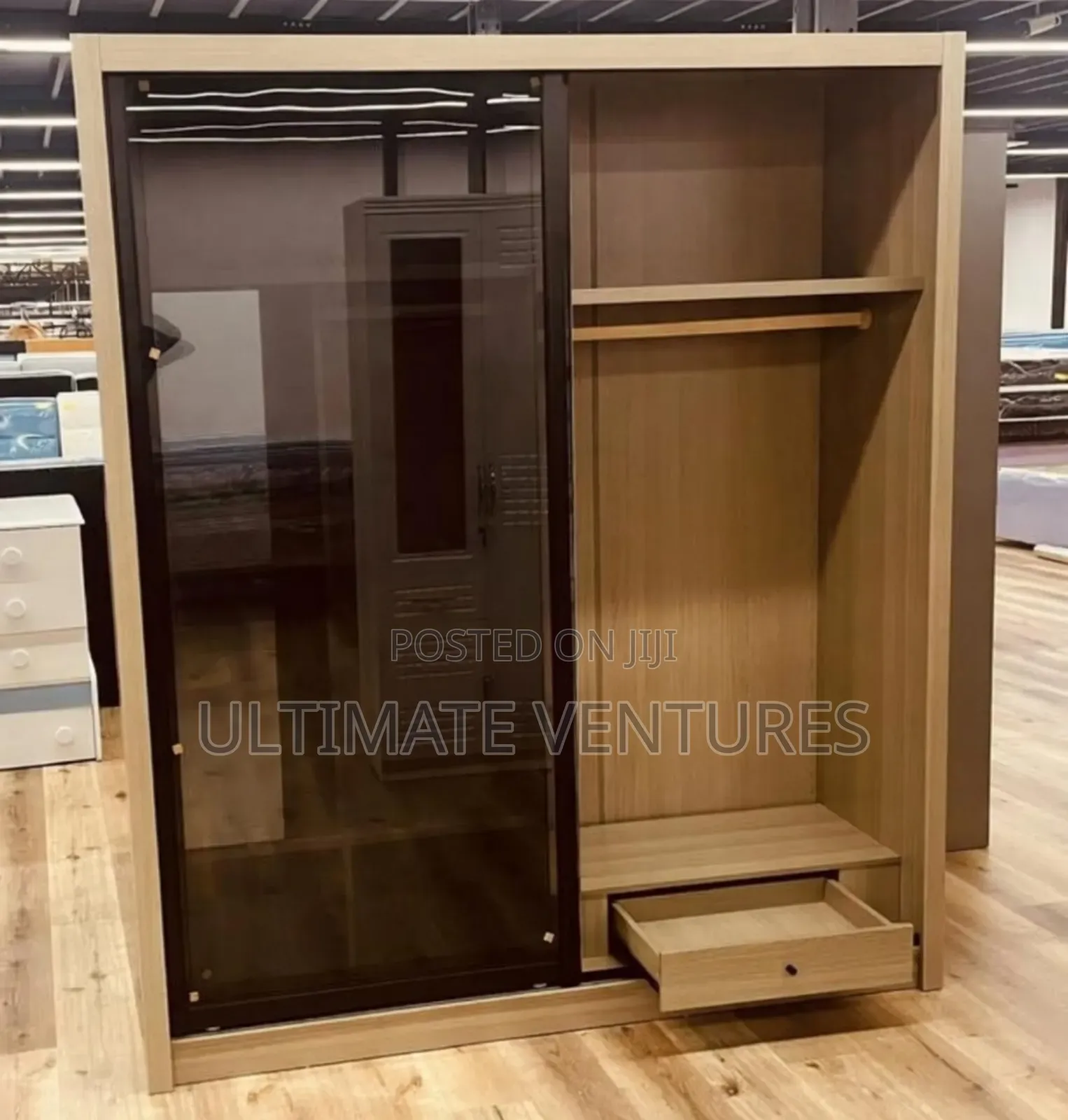 Modern Light Wood Sliding Door Wardrobe With Open Shelves