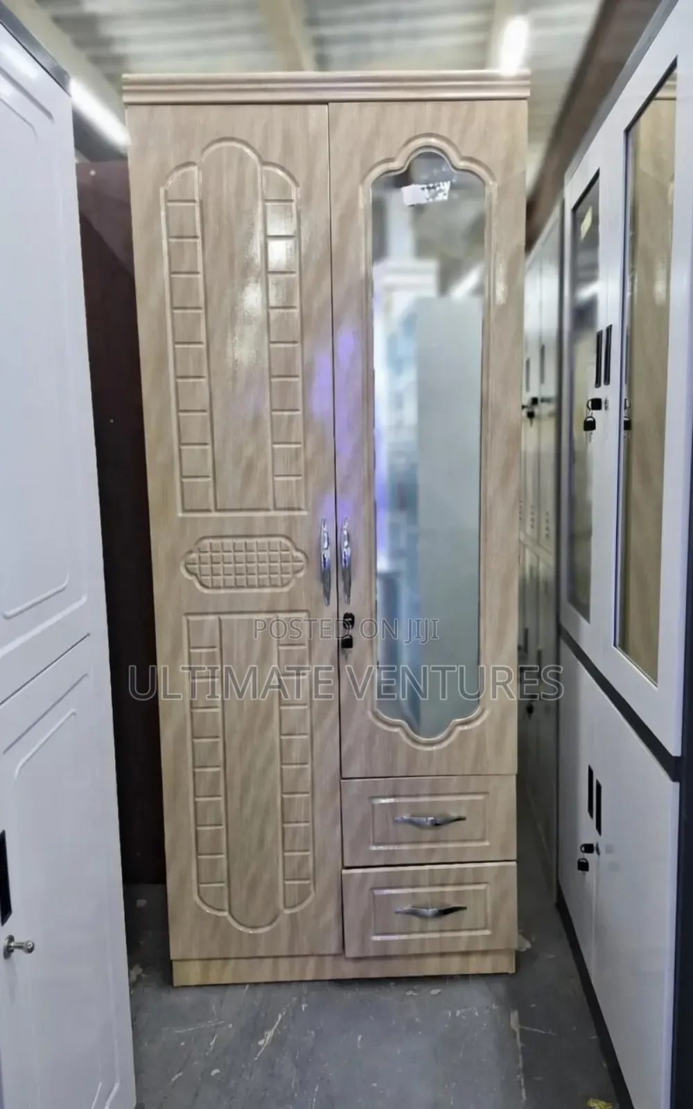 Wood 2-Door Wardrobe With Mirror Drawers