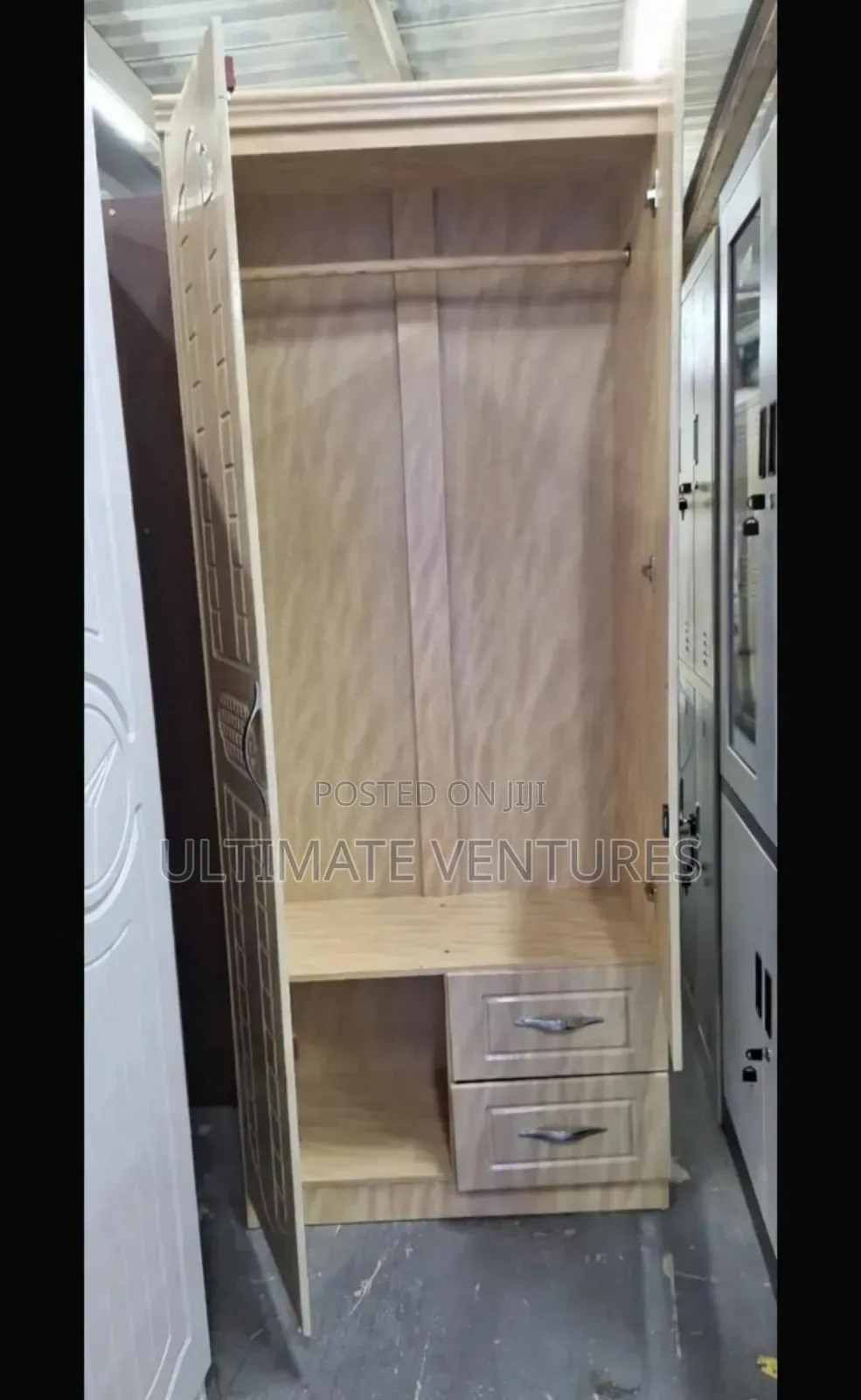 Wood 2-Door Wardrobe With Mirror Drawers