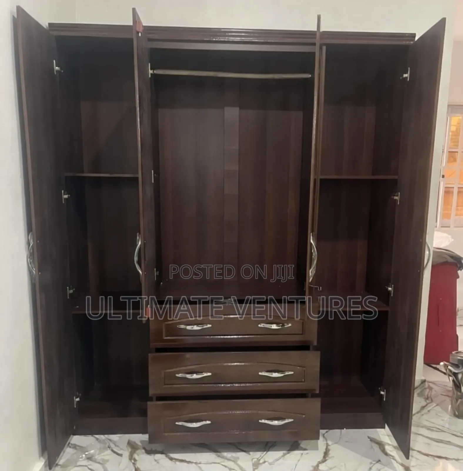 Dark Brown 4-Door Wardrobe With Mirrors Drawers