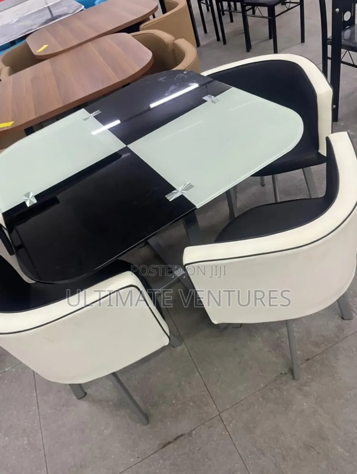 Modern Black White Glass Dining Table Set With 4 Upholstered Chairs