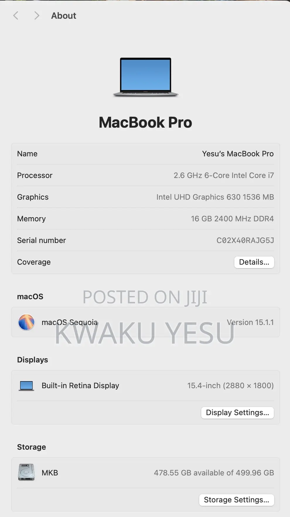 Laptop Apple MacBook Pro 2019 16GB Intel Core i7 SSHD+SSD 512GB