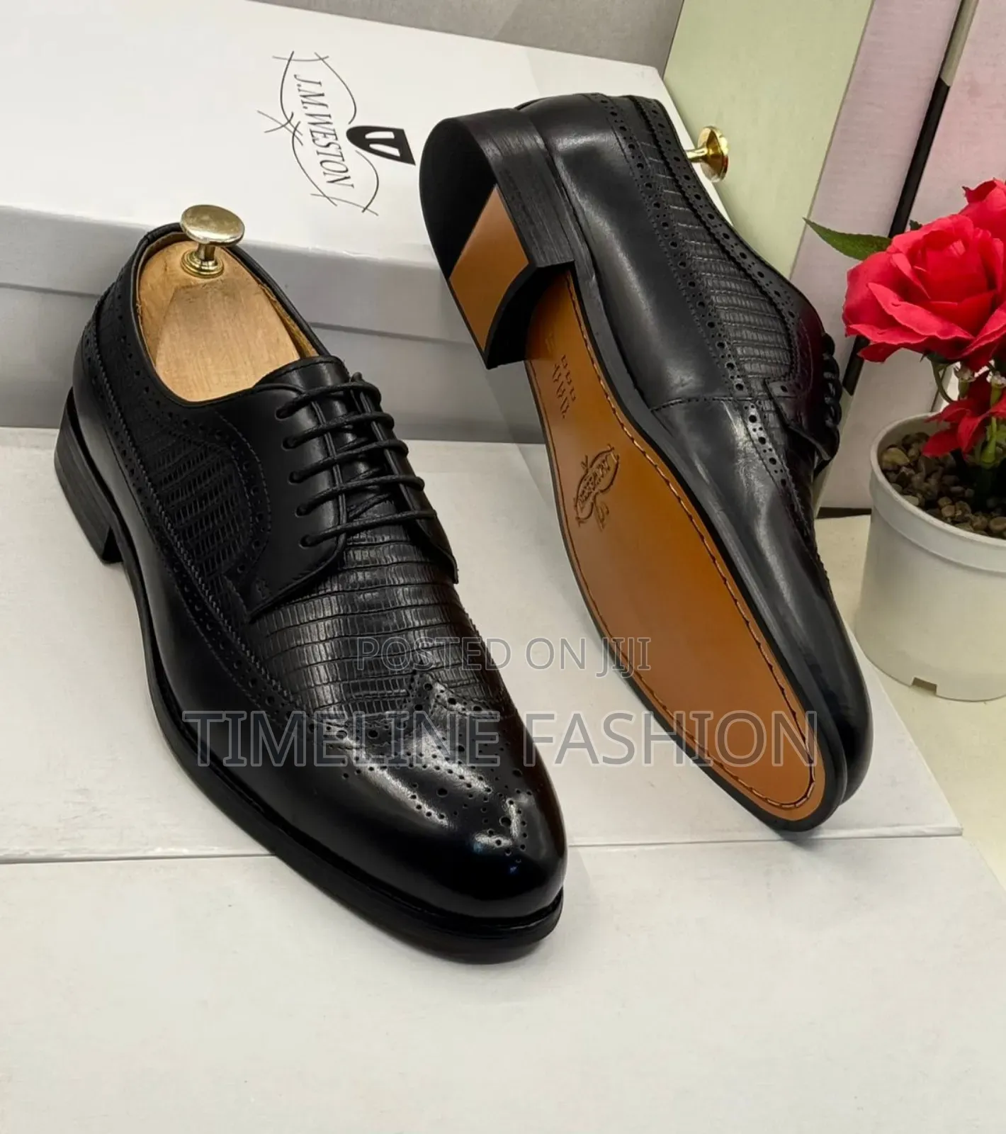 J M Weston Brogues Black Leather Men's Lace Up Shoes 39-46