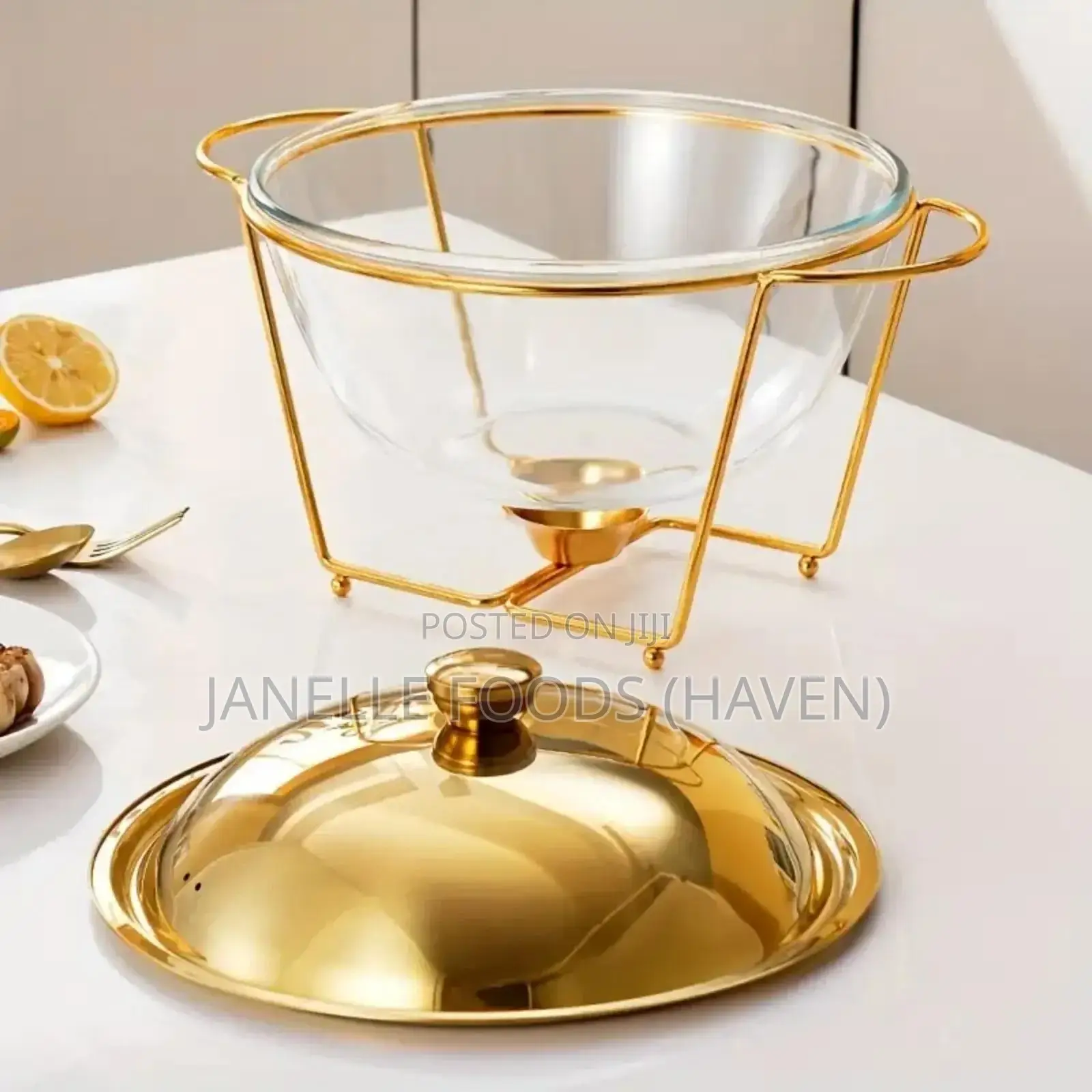Deluxe Round Gold-toned Glass Chafing Dish