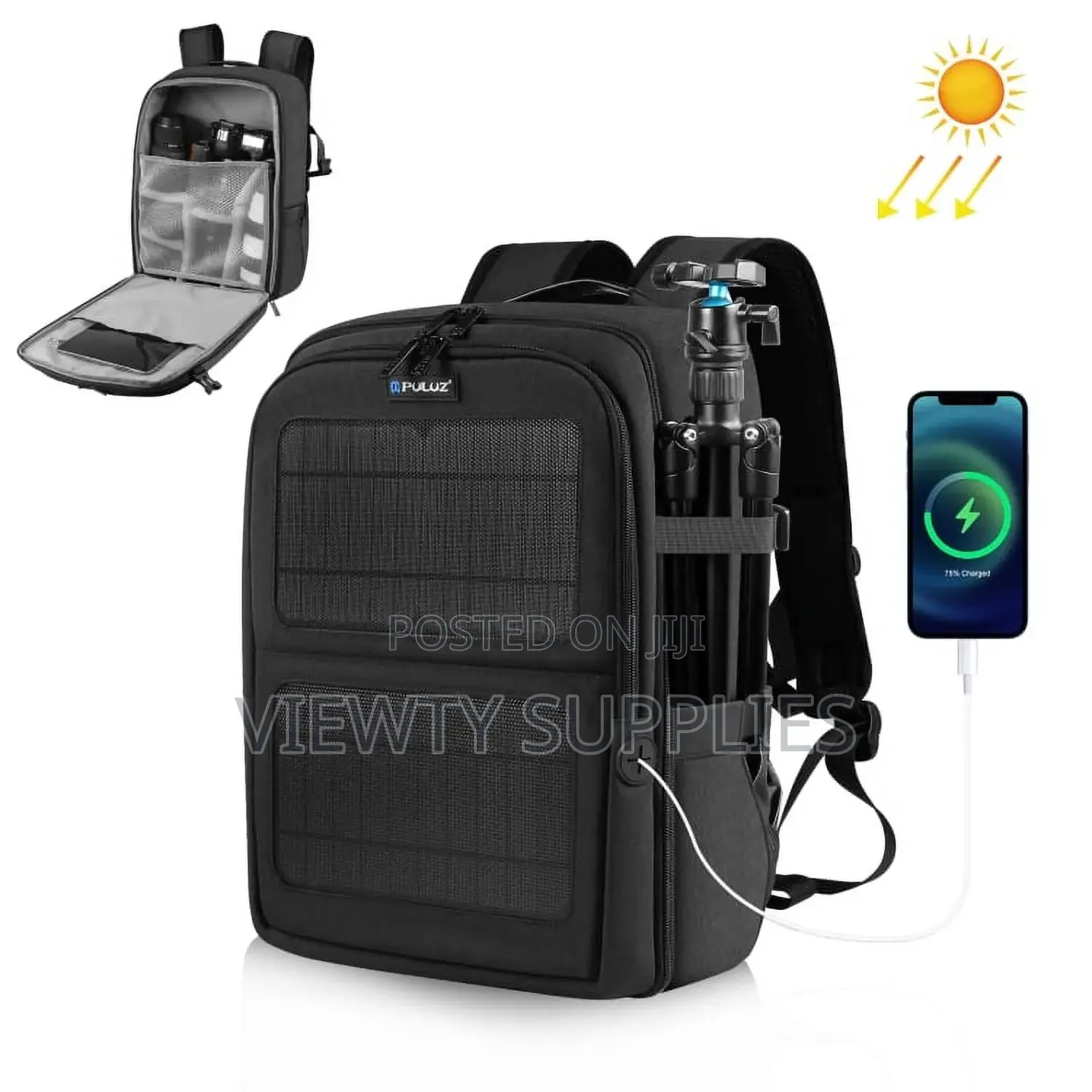 12w Solar Power Outdoor Portable Camera Laptop Backpack Bag (Black)