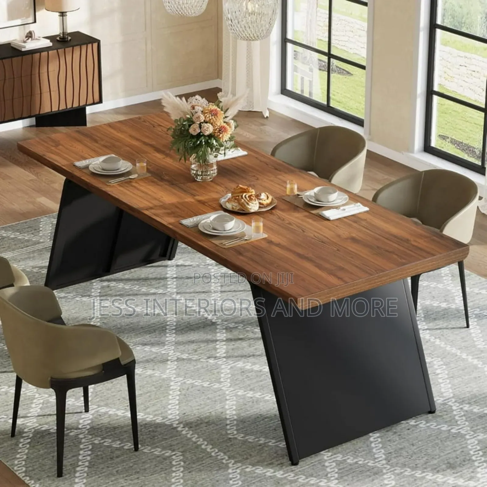 Dining Table (79") Walnut Wooden Top Black Metal Base