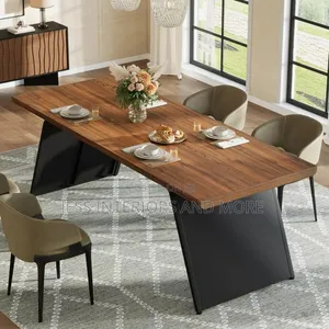 Dining Table (79") Walnut Wooden Top Black Metal Base