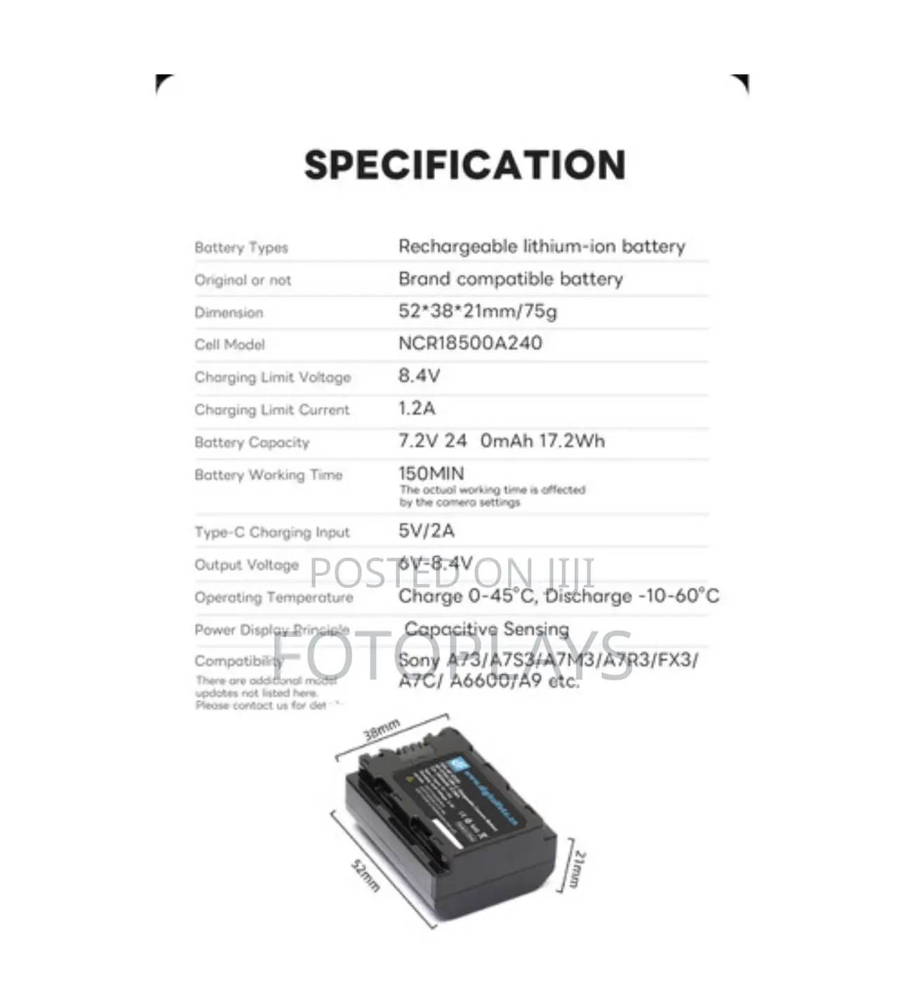 Digitalfoto Solution Np-Fz100 Battery Usb-C Charging Port for Sony