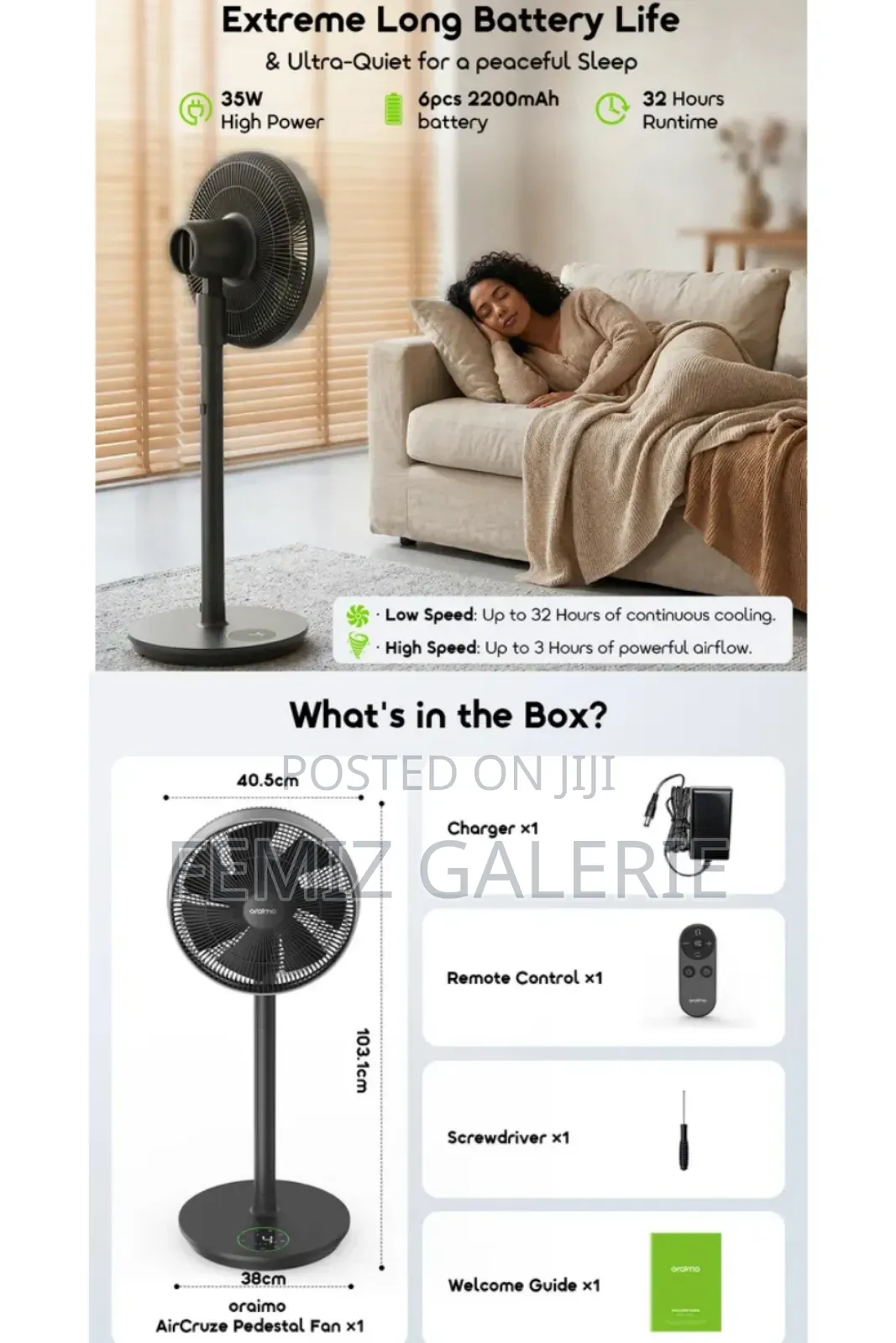 Oraimo Aircruze 14 Inch Rechargeable Pedestal Fan