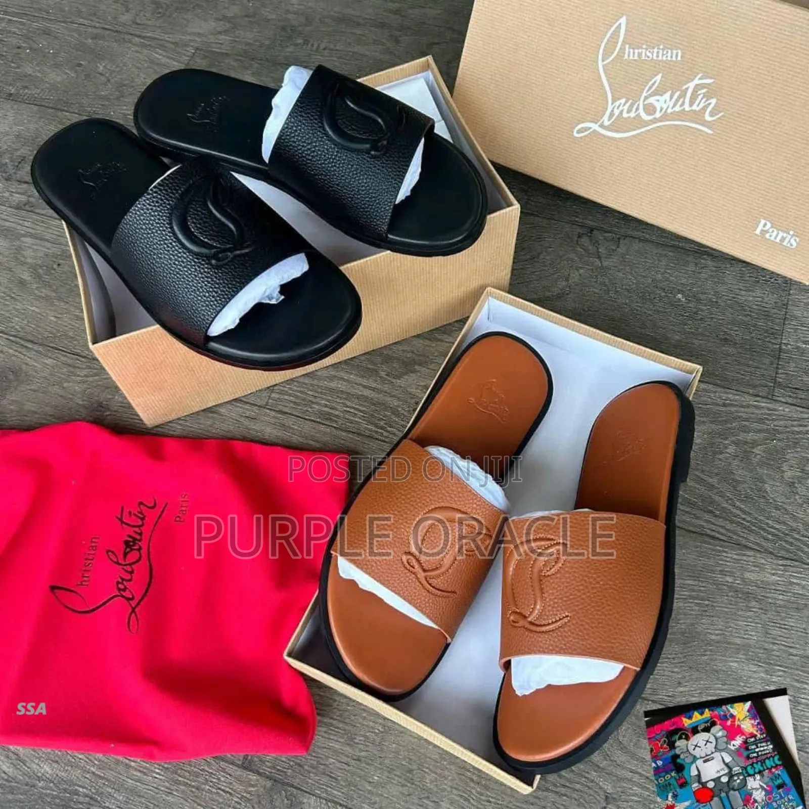 Black and Brown Louboutin Leather Slides for Men.