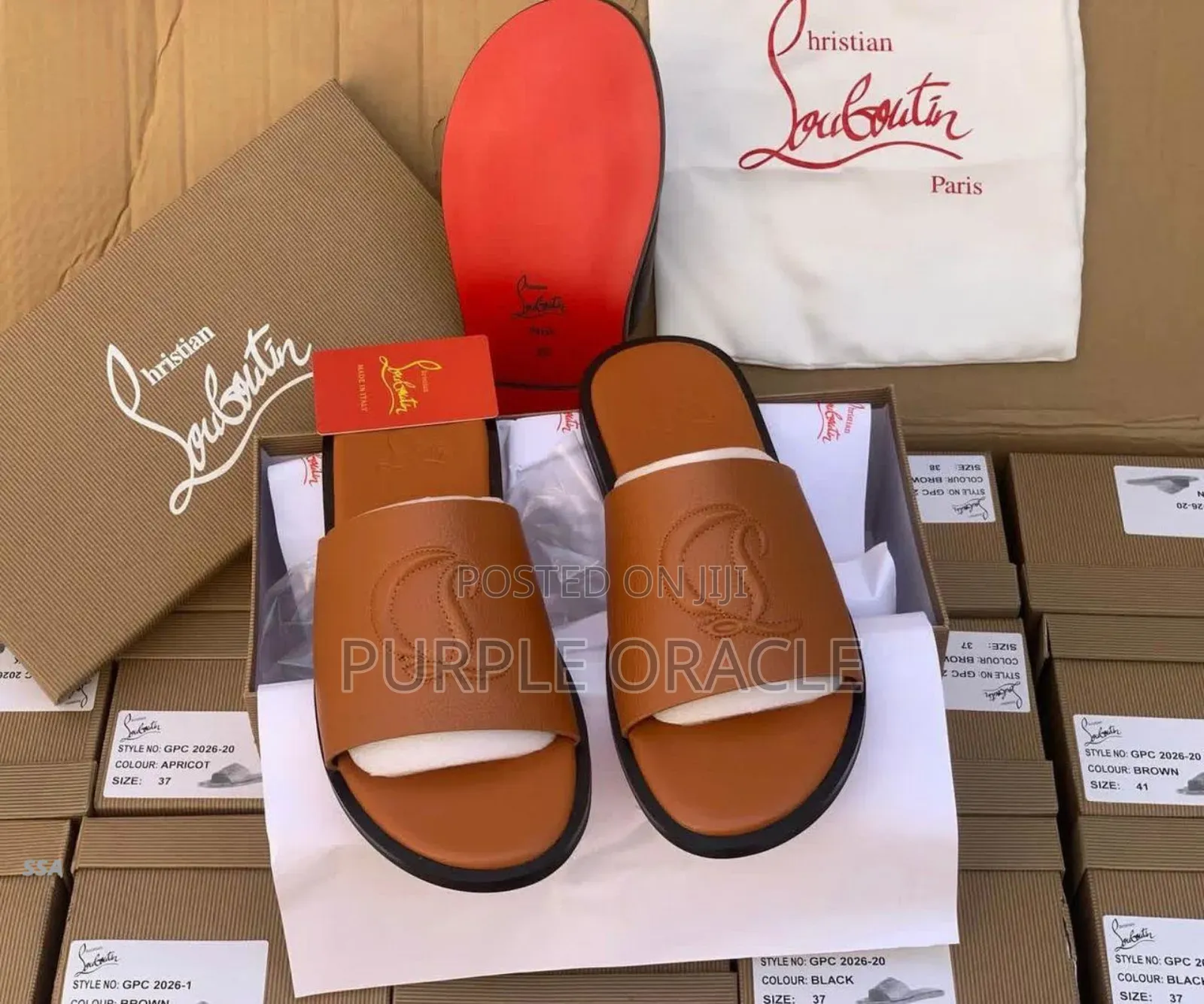 Black and Brown Louboutin Leather Slides for Men.