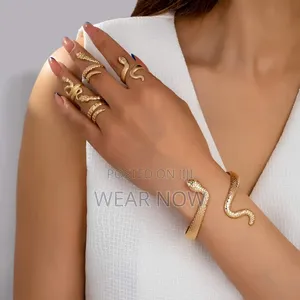 Gold-Plated Spiral Snake Cuff Bracelet Rings Set