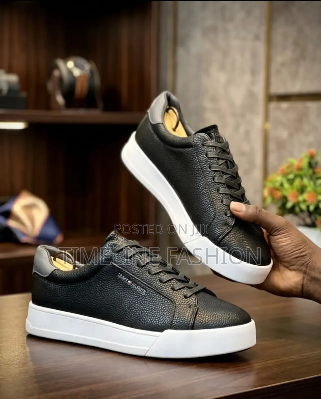 Black and White Leather Lace Up Tommy Hilfiger Casual Sneakers
