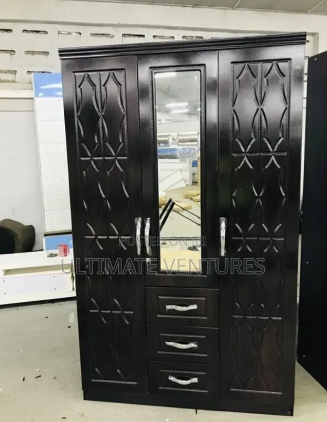 Dark Brown 4-Door Wardrobe With Mirror Drawers
