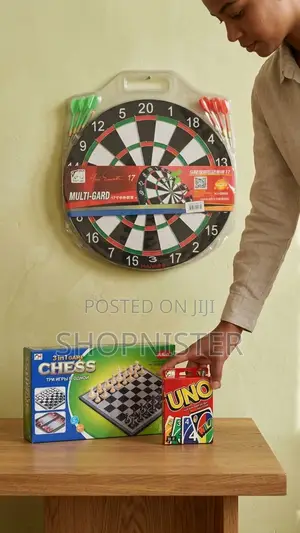 Ultimate Family Fun Bundle: 3-in-1 Chess Set + Uno + 17" Dartboard