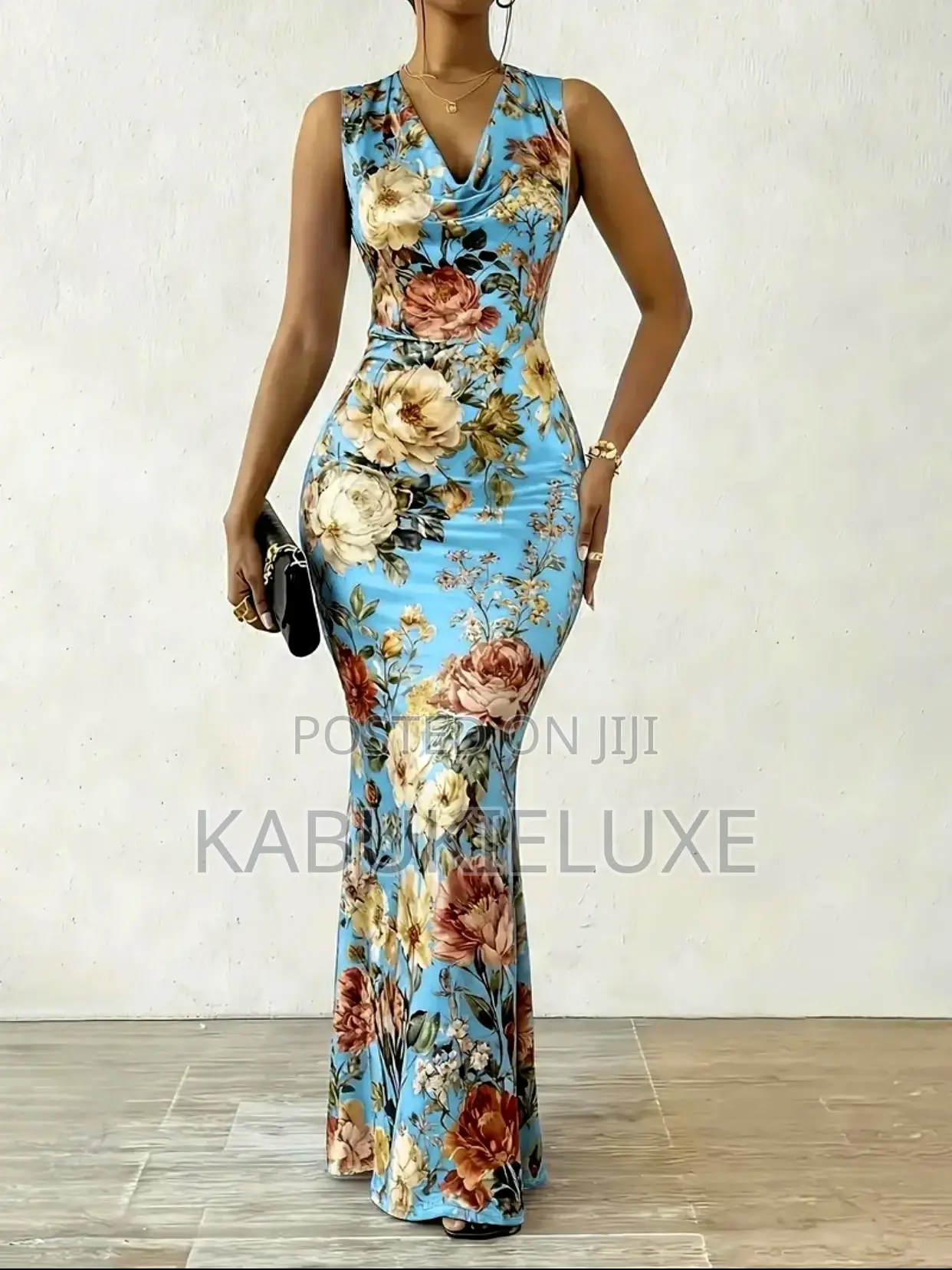 Elegant Blue Floral Bodycon Maxi Dress – Sleeveless v-Neck
