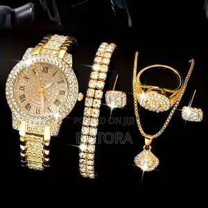 5-in-1 Women’S Jewelry Set – Rhinestone Watch Set (Gold)