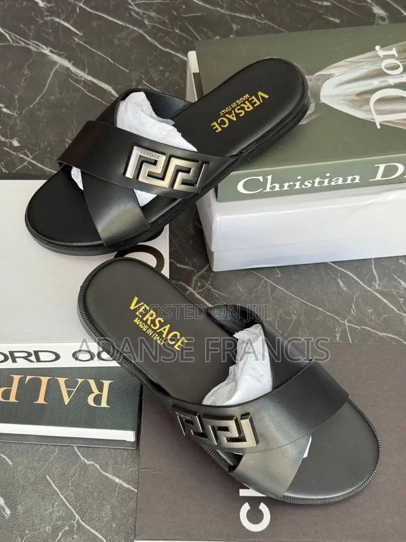 Black Versace Leather Cross-Strap Slippers