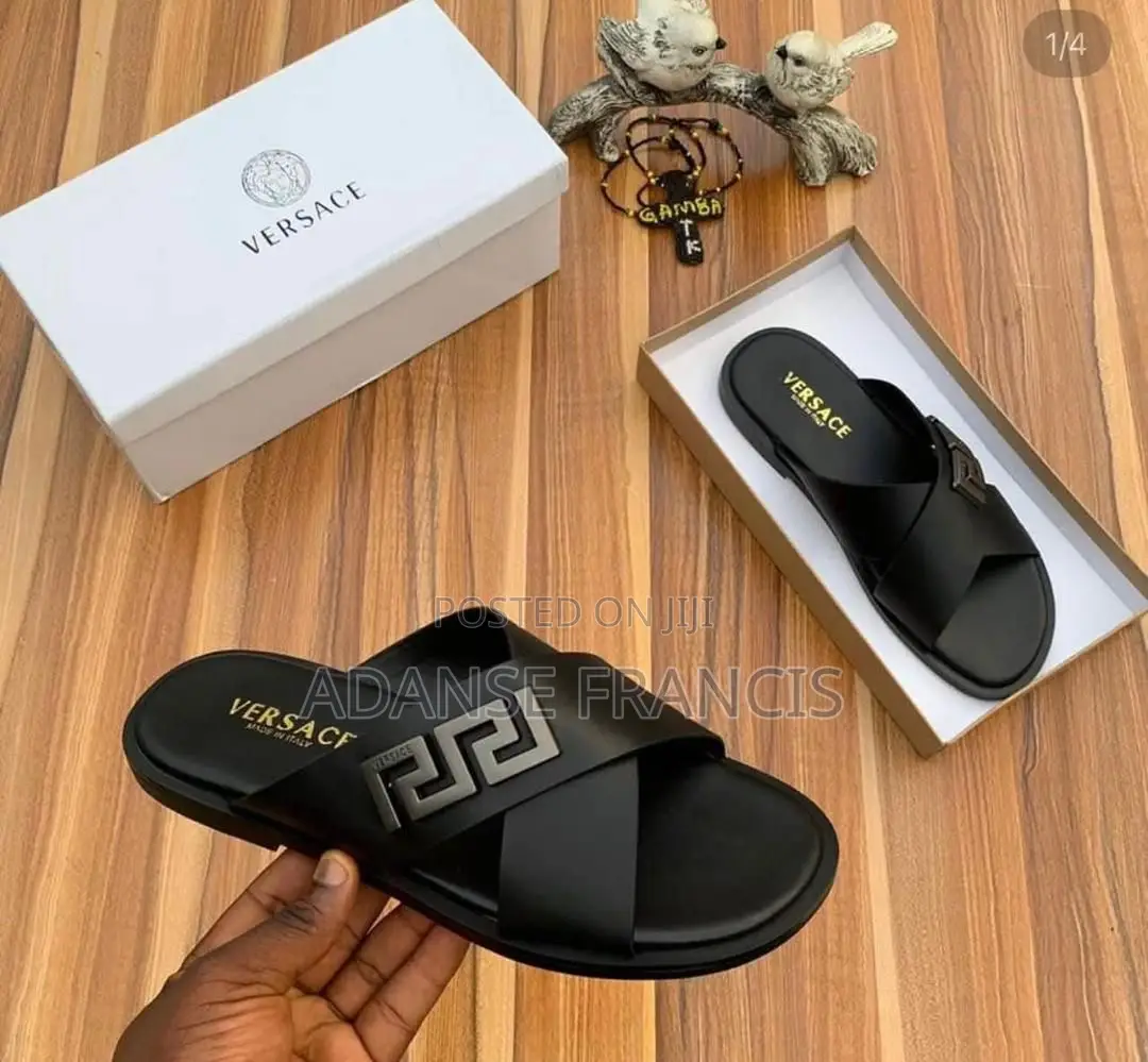 Black Versace Leather Cross-Strap Slippers