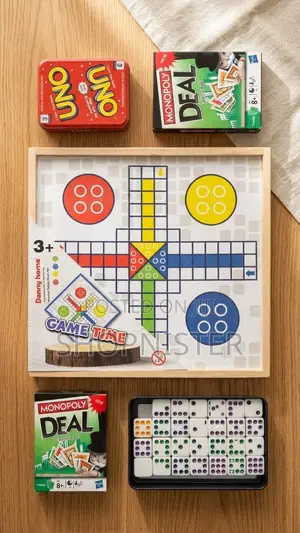 Ludo, Double 9 Dominoes, Uno Special Edition, and Monopoly Deal Games