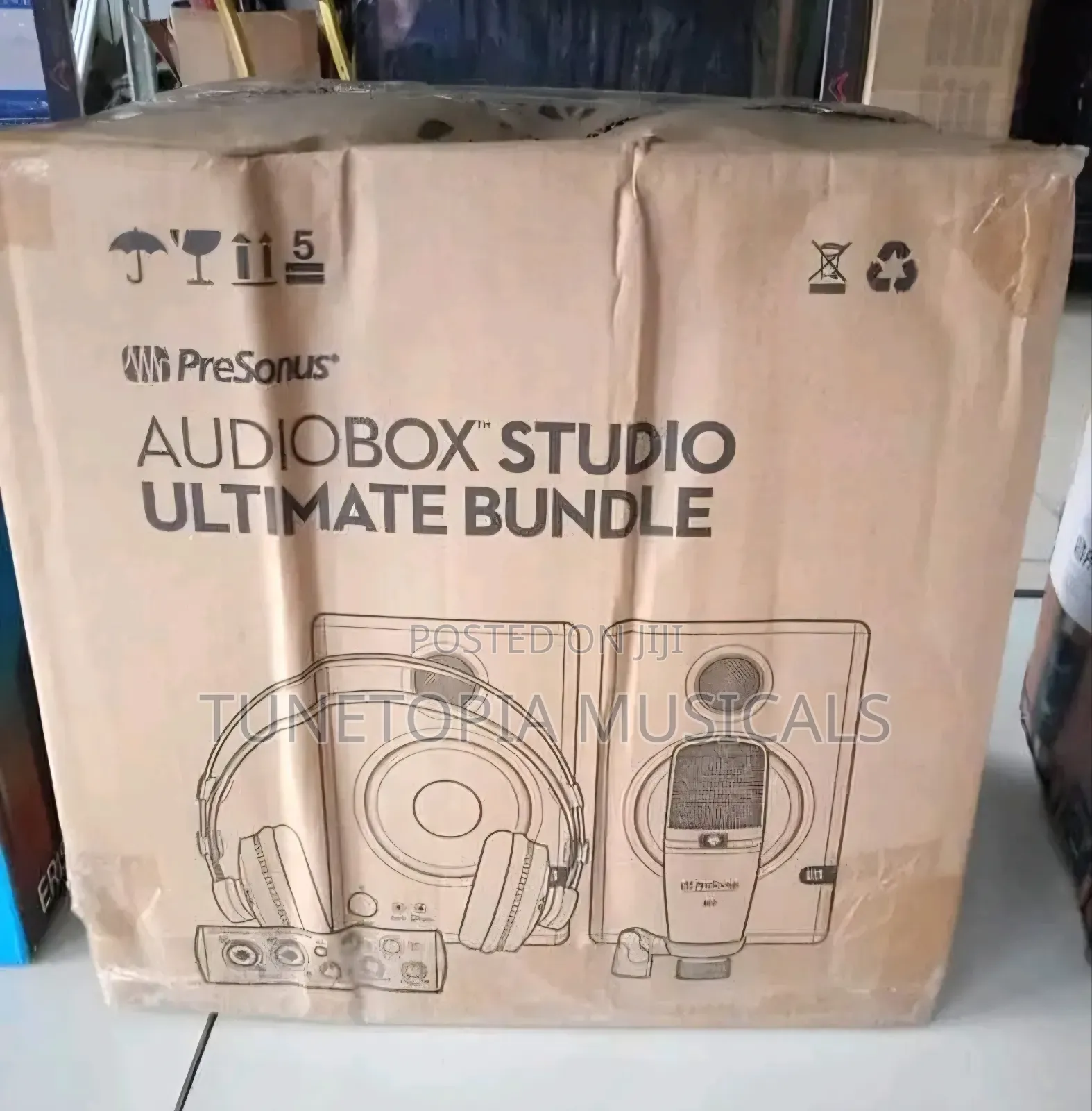 Presonus Studio Monitors, a Microphone, and an Audio Interface.