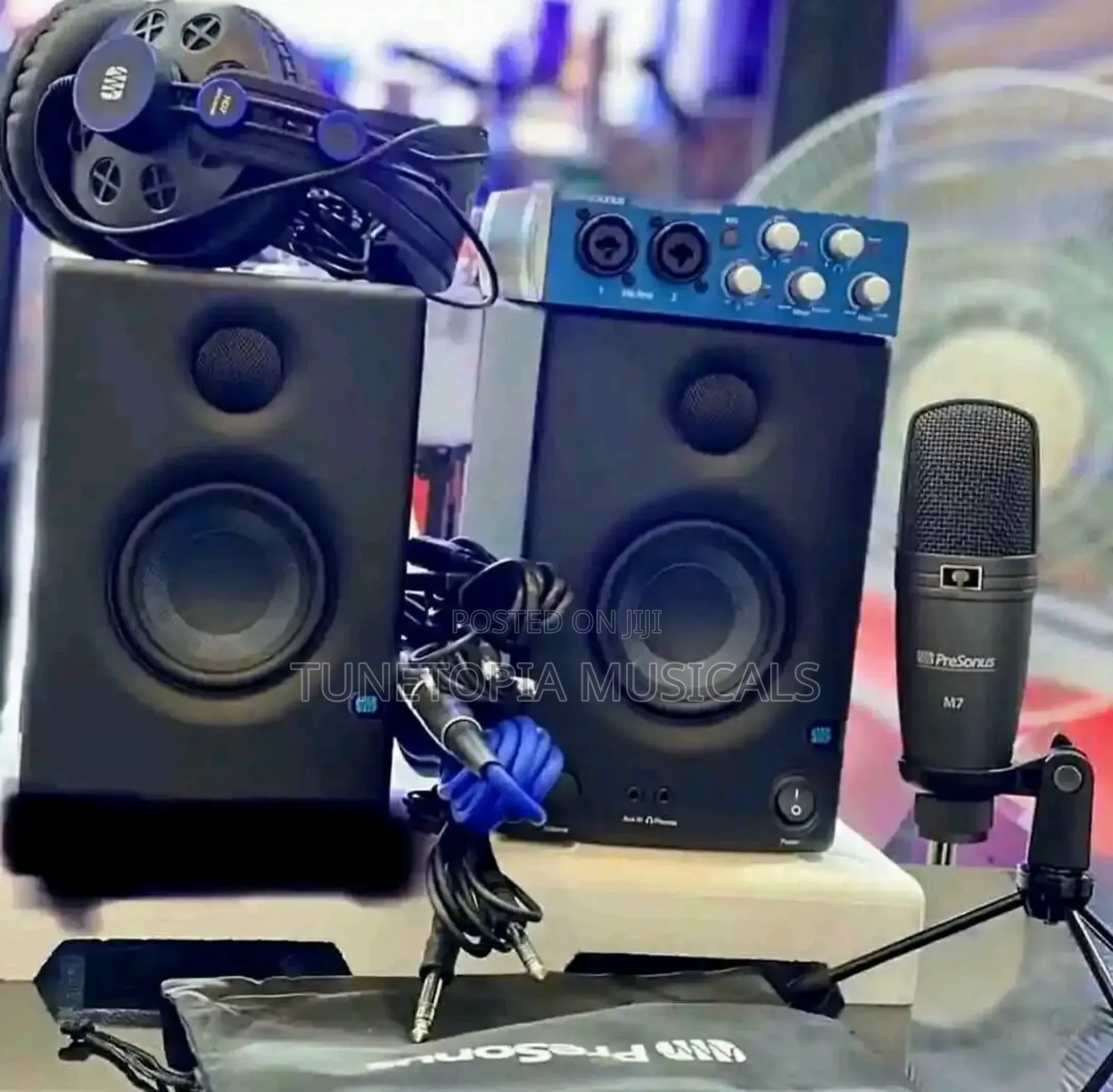 Presonus Studio Monitors, a Microphone, and an Audio Interface.
