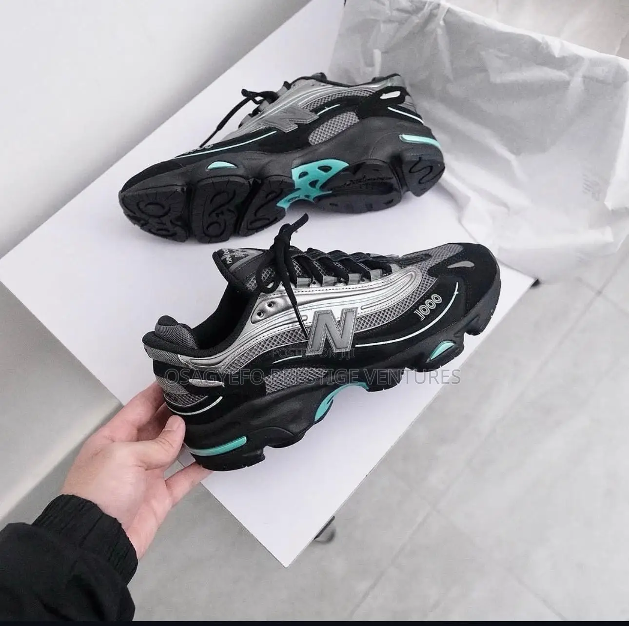 New Balance 1000 (Black/Grey With Teal Accents).