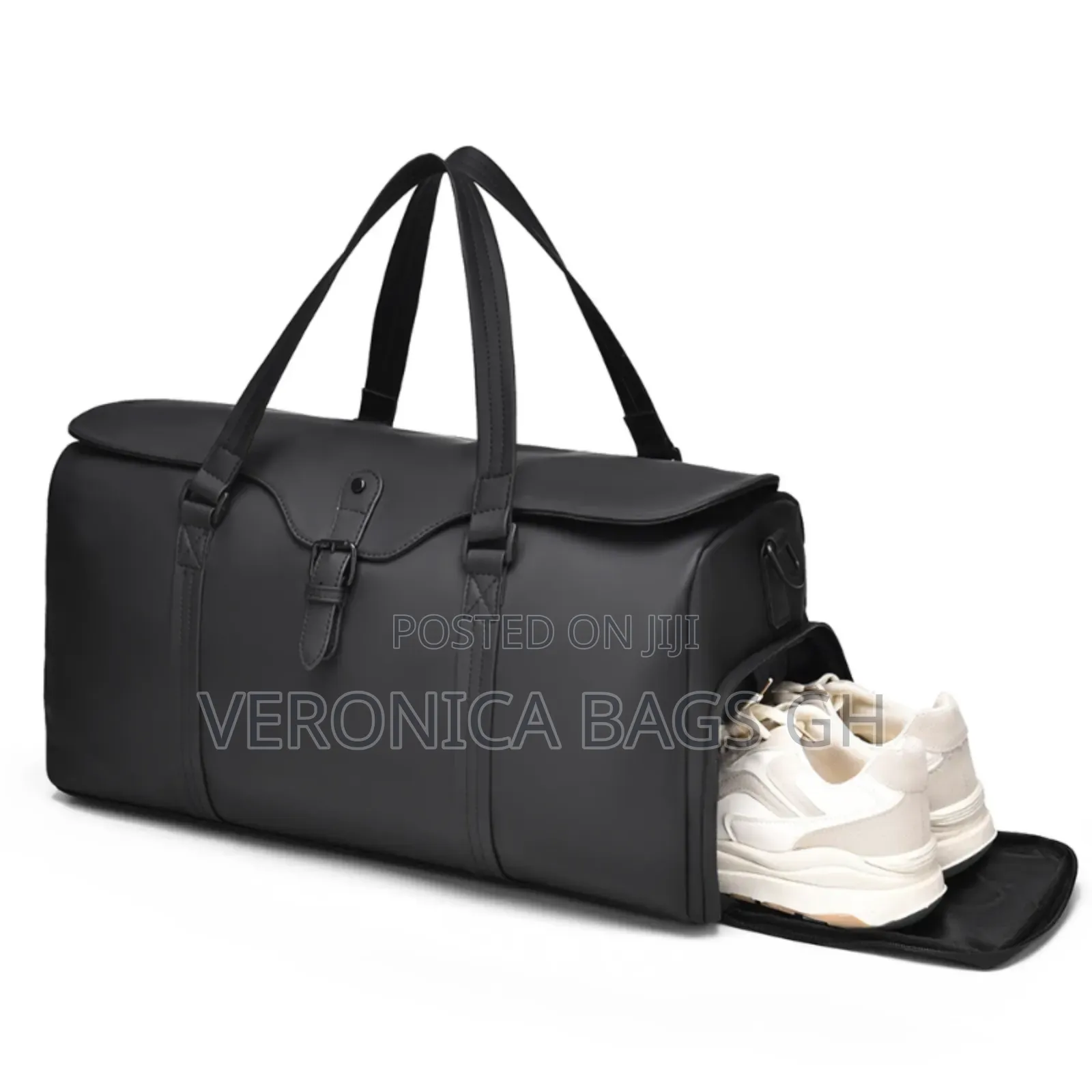 Unisex Black Leather Duffel Travel Bag
