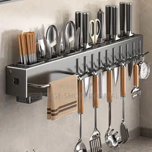 Stainless Steel Wall-Mounted Kitchen Organizer Rack With Hooks