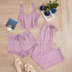 3pcs Pajamas Set for Women .Lace Edge Camisole Vest Long and Short