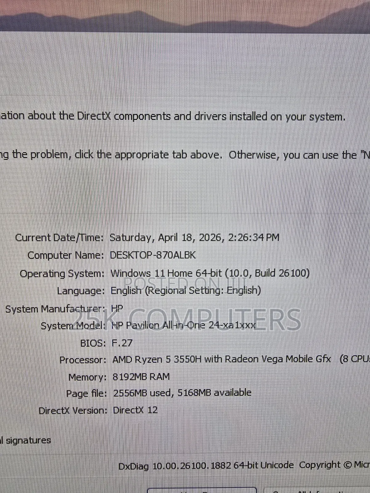 Desktop Computer HP Pavilion 24 8GB AMD Ryzen 5 HDD+SSD 1T