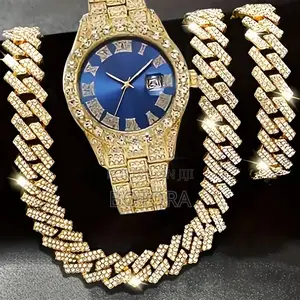 Men’S Iced-Out Watch Chain Set – 3-in-1 (Blue/Red/Green Dial)
