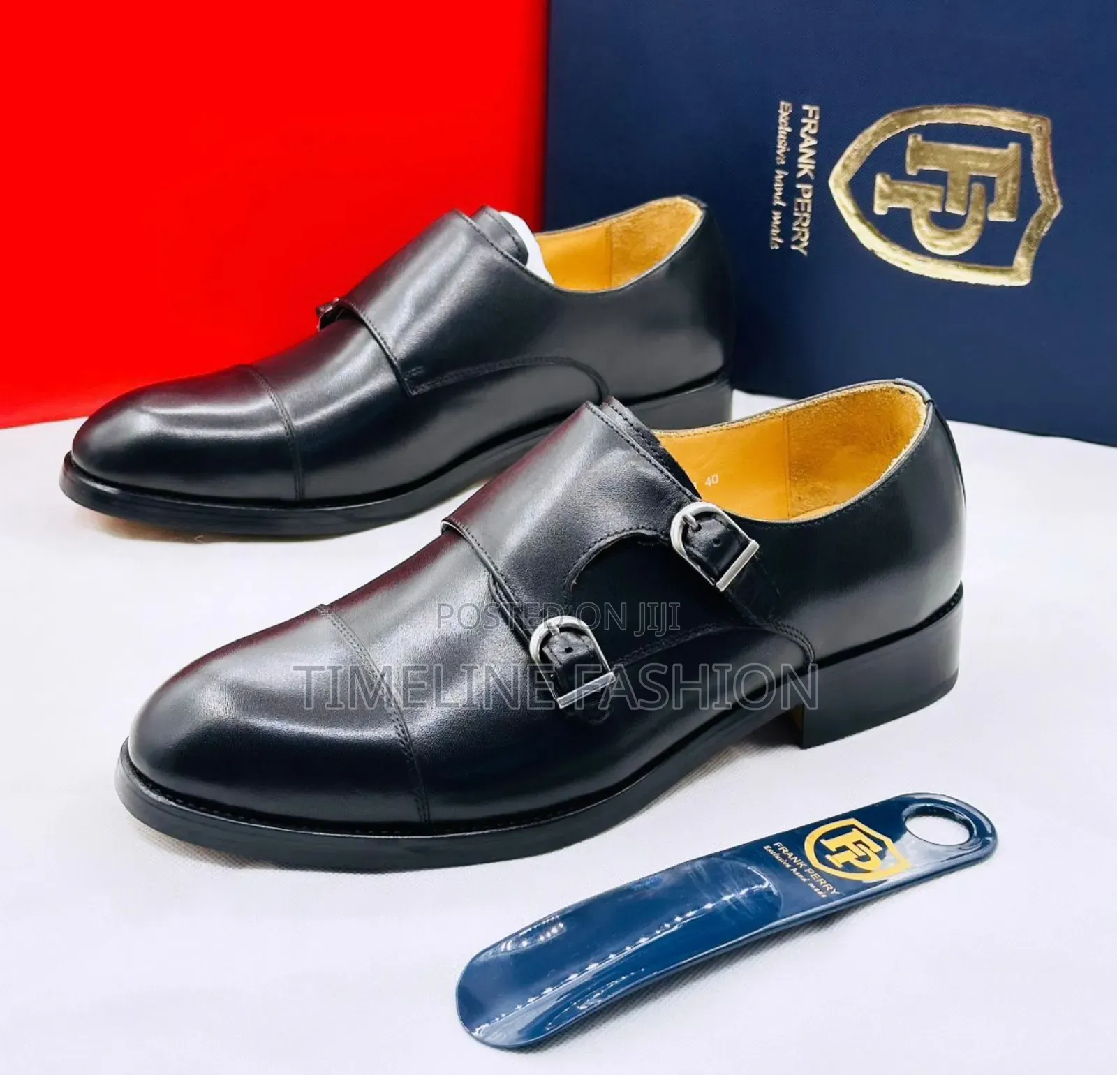 Frank Perry Toe Cap Leather Monk Strap Shoes Size 39_46 Black