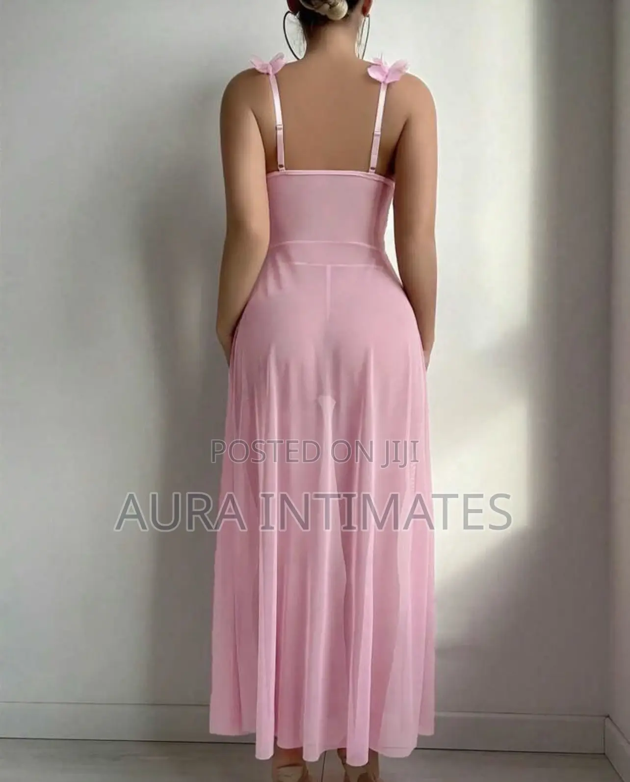 Lace Mesh Flower Front Button Slit Long Nightgown + Thong 2 Pieces