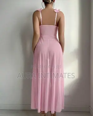 Lace Mesh Flower Front Button Slit Long Nightgown + Thong 2 Pieces