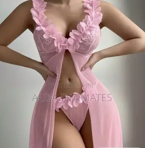 Lace Mesh Flower Front Button Slit Long Nightgown + Thong 2 Pieces
