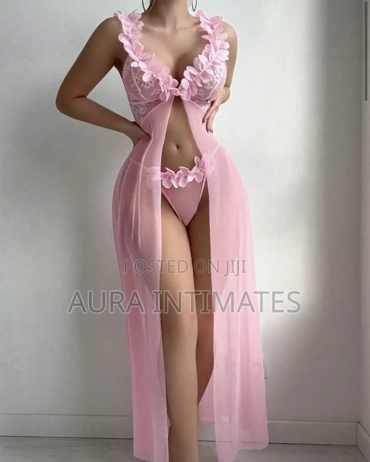 Lace Mesh Flower Front Button Slit Long Nightgown + Thong 2 Pieces
