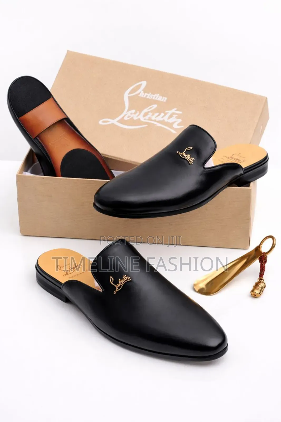 Black Leather Christian Louboutin Luxury Men's Half Shoes